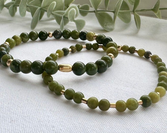 Nephrite Jade Bracelet: 4mm Green Gemstone Beads, Sterling Silver or Gold Filled