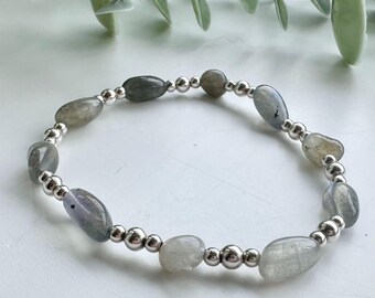 Sterling Silver Satellite Bracelet with Labradorite Gemstone Nugget beads, Stackable Stretch Bracelet, Gift for women