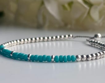 Turquoise and Sterling Silver adjustable friendship bracelet, womens silk and turquoise bracelet