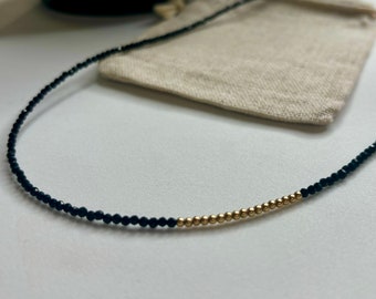 Dainty Black Spinel Necklace, Tiny Black Gemstone Beads, Gold Fill / Sterling Silver, Minimalist August Birthstone Necklace Gift for Her