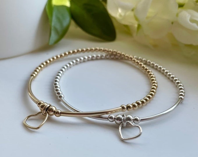 Sterling Silver Heart Charm Bracelet: Beaded Stacking Bangle