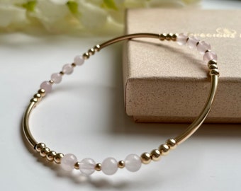Rose Quartz Beaded Bracelet, Gold Filled Stacking Bracelet, Womens Gemstone Bracelet