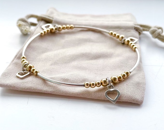 Silver and Gold Heart Bangle - Unique Mixed Metal Stackable Bracelet