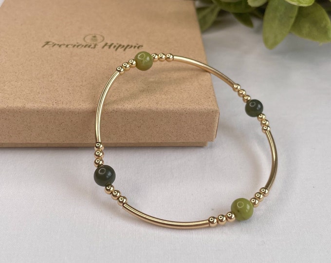 Gold Bracelet with Jade Crystal Beads, Healing Gemstone Bangle, Dainty Beaded Stretch Bracelet