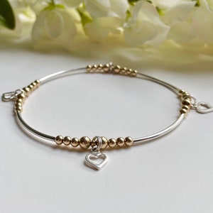 Silver and Gold Heart Bangle - Unique Mixed Metal Stackable Bracelet