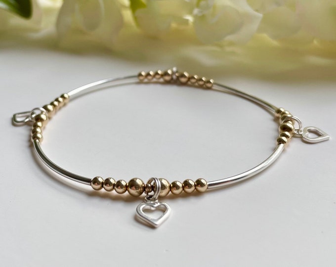 Silver and Gold Heart Bangle - Unique Mixed Metal Stackable Bracelet