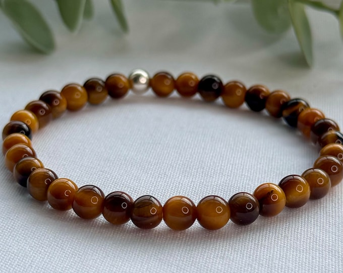 Tiger Eye Gemstone Bracelet: Sterling Silver or Gold Filled Accent, Crystal Healing