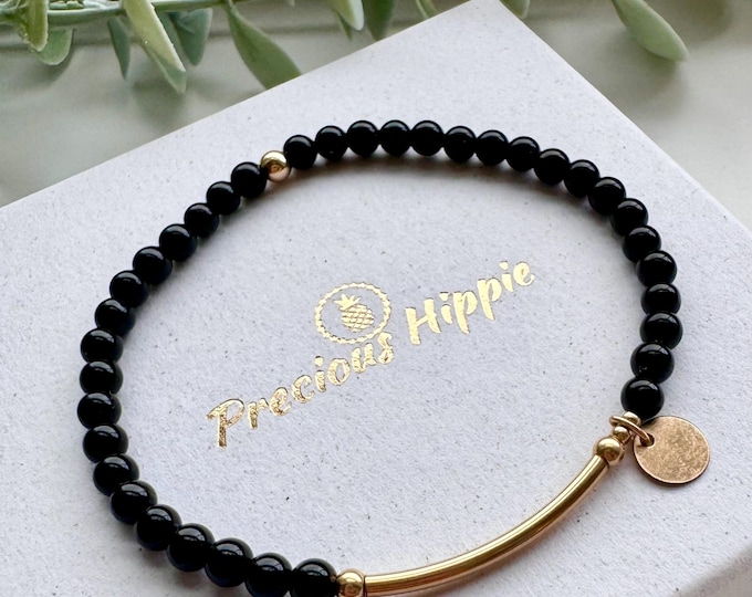Black Onyx Gemstone Beaded Bracelet: Sterling Silver or Gold Filled