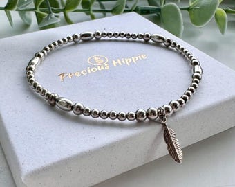 Sterling Silver Feather Charm Stretch Bracelet, Boho Beaded Stacking Bracelet, Bohemian Layering Bracelet, Gift for her