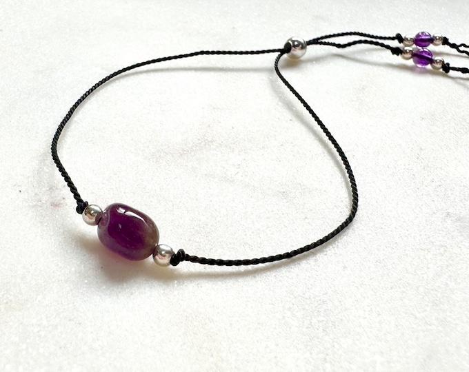 Dainty Amethyst Gemstone Silk Bracelet, Minimalist Women's Thread Friendship Bracelet