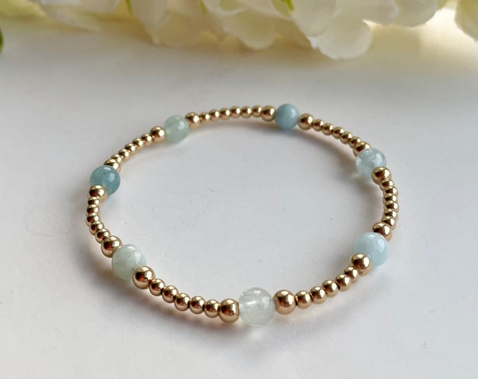 Gold Filled Beaded Bracelet with Aquamarine Gemstones, March Birthstone Bracelet