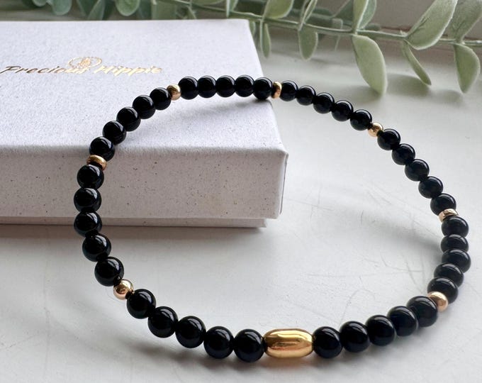 Black Onyx Gemstone Bracelet: Sterling Silver or Gold Filled Beads