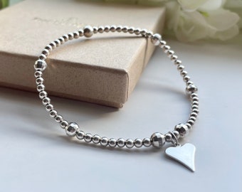 Sterling Silver Heart Bracelet, Silver Stacking Bracelet, Silver Charm Bracelet, Valentines Gift, Sparkly Womens Jewellery