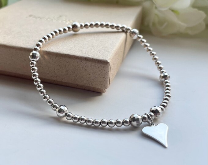 Sterling Silver Heart Charm Bracelet: Sparkly Stacking Jewelry