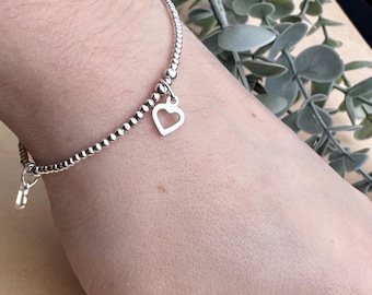 Sterling Silver Heart Charm Bracelet: Minimalist Beaded Stacking Bracelet