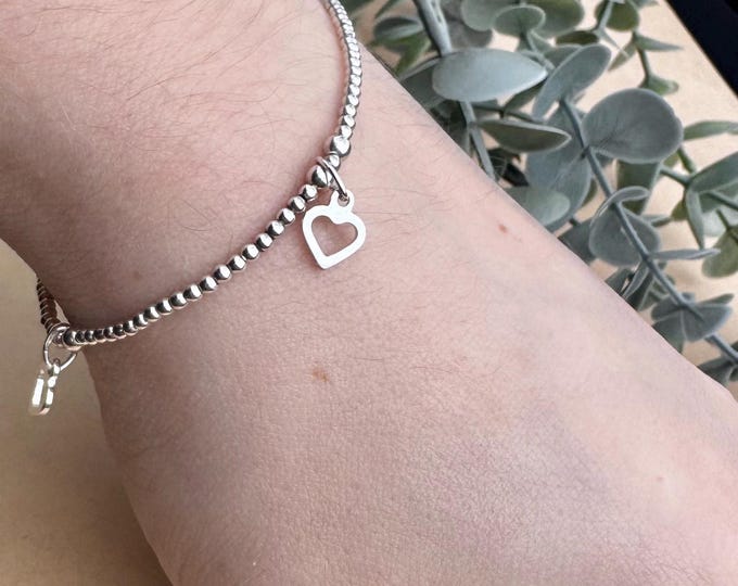 Sterling Silver Heart Charm Bracelet: Minimalist Beaded Stacking Bracelet