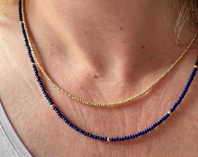 Dainty Navy Seed Bead Necklace: Sterling Silver or Gold Filled