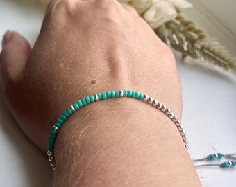 Turquoise and Sterling Silver adjustable friendship bracelet, womens bohemian silk and turquoise bracelet