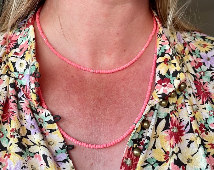 Coral Seed Bead Necklace: Sterling Silver Boho Beach Jewelry