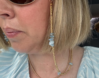 Gold Aquamarin Perlen Brillenkette, Edelstein Sonnenbrillen Halter, Küsten Sommer Accessoire