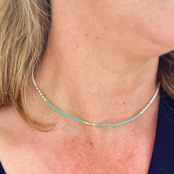 Turquoise Seed Bead Necklace: Adjustable 14k Gold Filled Boho Necklace