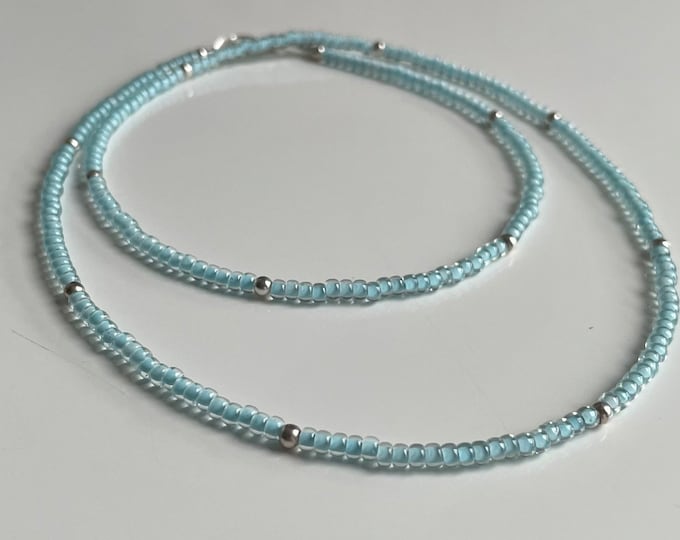Delicate Aqua Bead Necklace, Bohemian Aquamarine Jewelry, Blue Ocean Charm, Summer Layered Necklace