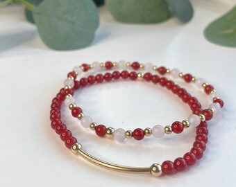 Rose Quartz and Cernelian Bracelet Set, Red and Pink Gemstone Stacking Bracelets, Gift for her
