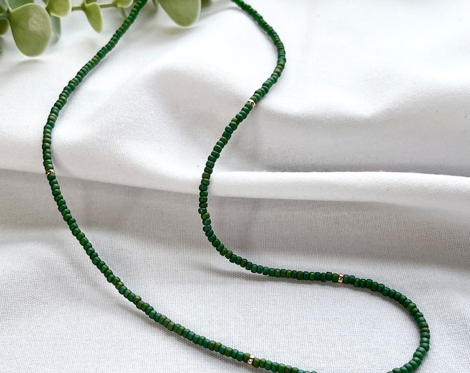 Green Seed Bead Necklace: Boho Hippie Style, Sterling Silver or Gold Filled