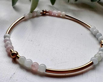Morganite Bangle Bracelet, Silver Gold Stacking Bracelet, Crystal Healing Stretch Bracelet, Gift for Her