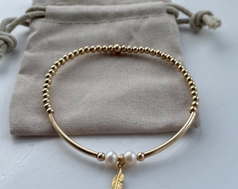Gold and Pearl Bracelet with Feather Charm, Pearl Beaded Bracelet, Gold Filled stacking bracelet, gift for her