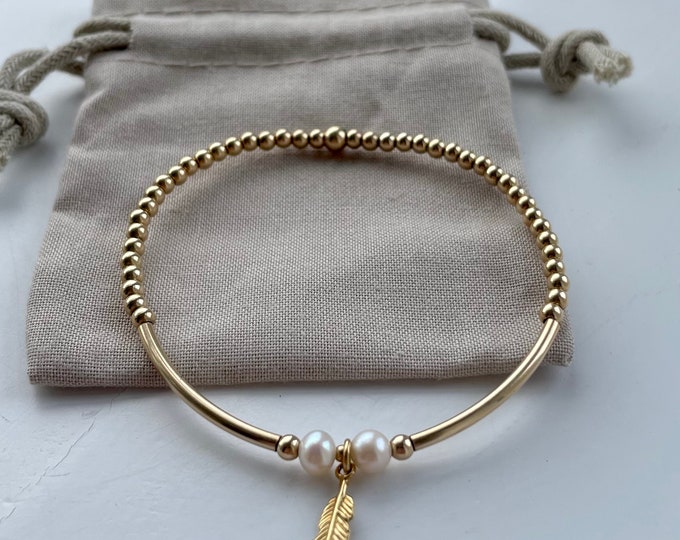 Gold Filled Feather Charm Bracelet: Freshwater Pearl Beaded Bangle