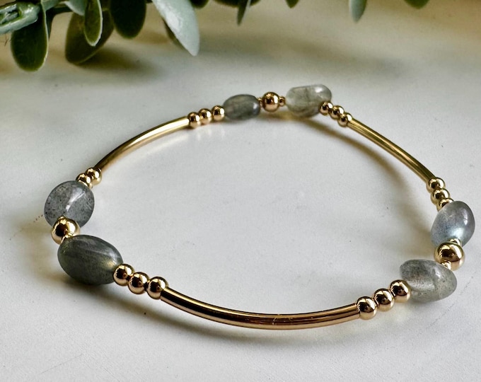 Gold Labradorite Bangle Bracelet: Crystal Healing Silver Stacking Jewelry