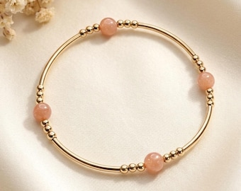 Gold Filled Sunstone Bracelet, Natural Gemstone Beaded Bracelet, Dainty Stacking Bracelet, Stretch Crystal Jewellery Gift