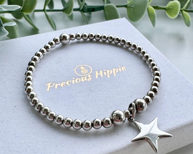 Sterling Silver Star Charm Bracelet: Beaded Stacking Jewelry
