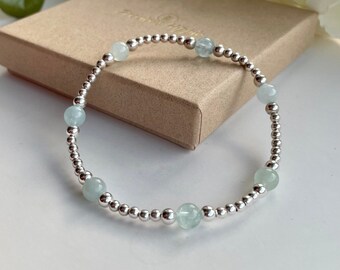 Sterling Silver Stacking Bracelet with Aquamarine, Womens Gemstone Bracelet, Minimal Jewellery, March Birthstone