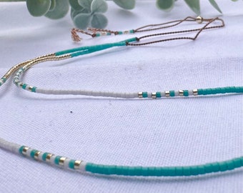 Tiny Turquoise Beaded Necklace, Turquoise and Gold Necklace, Boho Layering Necklace, Turquoise Hippie adjustable necklace