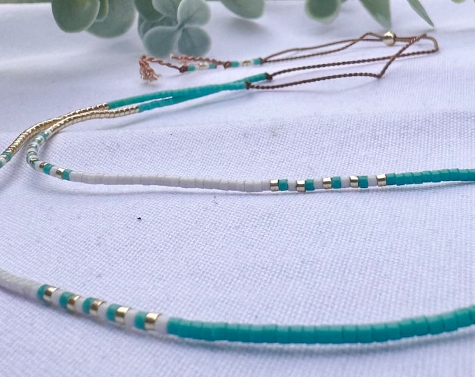 Tiny Turquoise Beaded Necklace: Adjustable Boho Layering Jewelry