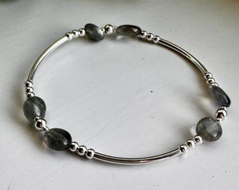 Labradorite & Silver Bangle Bracelet, Silver Stacking Bracelet, Crystal Healing Stretch Bracelet, Gift for Her