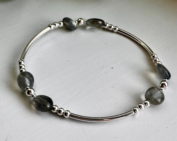 Labradorite & Sterling Silver Bangle Bracelet: Crystal Healing Jewelry