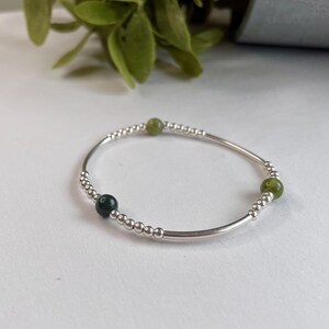 Sterling Silver & Jade Bracelet, Natural Jade Gold Filled Bangle, Gemstone Jewlery, Dainty Jade Stretch Bracelet