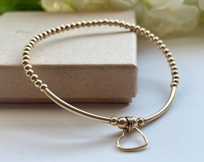 Gold Filled Heart Charm Bracelet: Dainty Beaded Stacking Jewelry