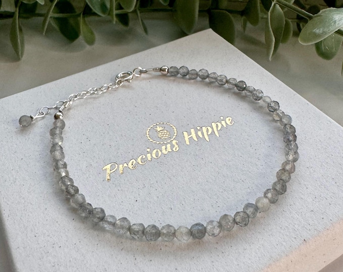Dainty Labradorite Bracelet: 3mm Grey Gemstone, Sterling Silver/Gold Fill