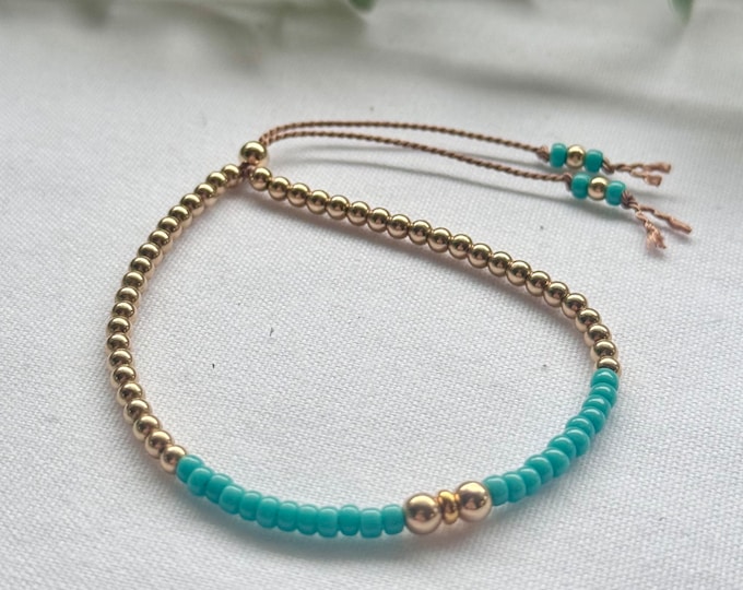 Turquoise Seed Bead Bracelet: 14k Gold Filled, Adjustable Silk Cord