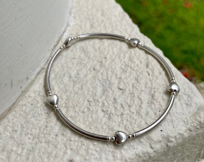 Sterling Silver Heart Bracelet: Dainty Noodle Bead Stretch Bangle