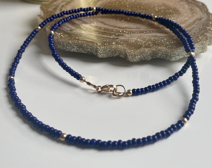 Dainty Navy Blue Seed Bead Necklace, Beaded Boho Necklace, Festival Jewelry