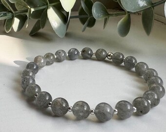 Chunky Labradorite Beaded Gemstone Bracelet, Blue Flash Labradorite Crystal Healing Bracelet, Womens Stackable Yoga Bracelet, Gift for her
