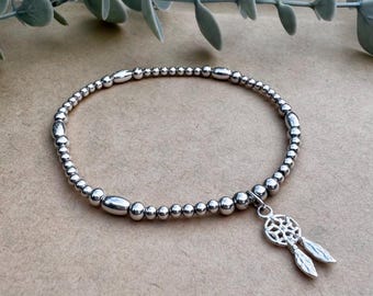 Sterling Silver dreamcatcher charm bracelet, Womens Silver stacking bracelet, Gift for her