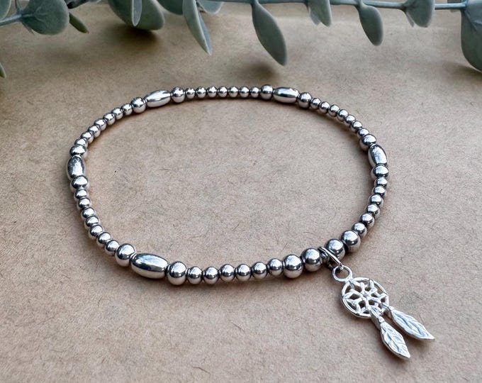 Sterling Silver Dreamcatcher Charm Bracelet: Boho Stacking Jewelry