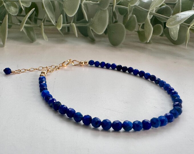 Dainty Lapis Lazuli Bracelet: Sterling Silver Beaded Gemstone Bracelet