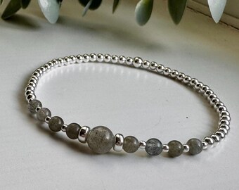 Labradorite & Silver Beaded Bracelet, Silver Stacking Bracelet, Crystal Healing Stretch Bracelet, Gift for Her